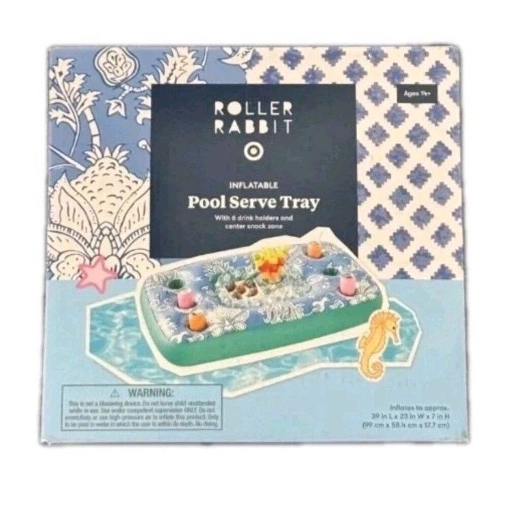 Roller Rabbit X Target Inflatable Pool Serve Tray Blue Floating Drink Holder NIB